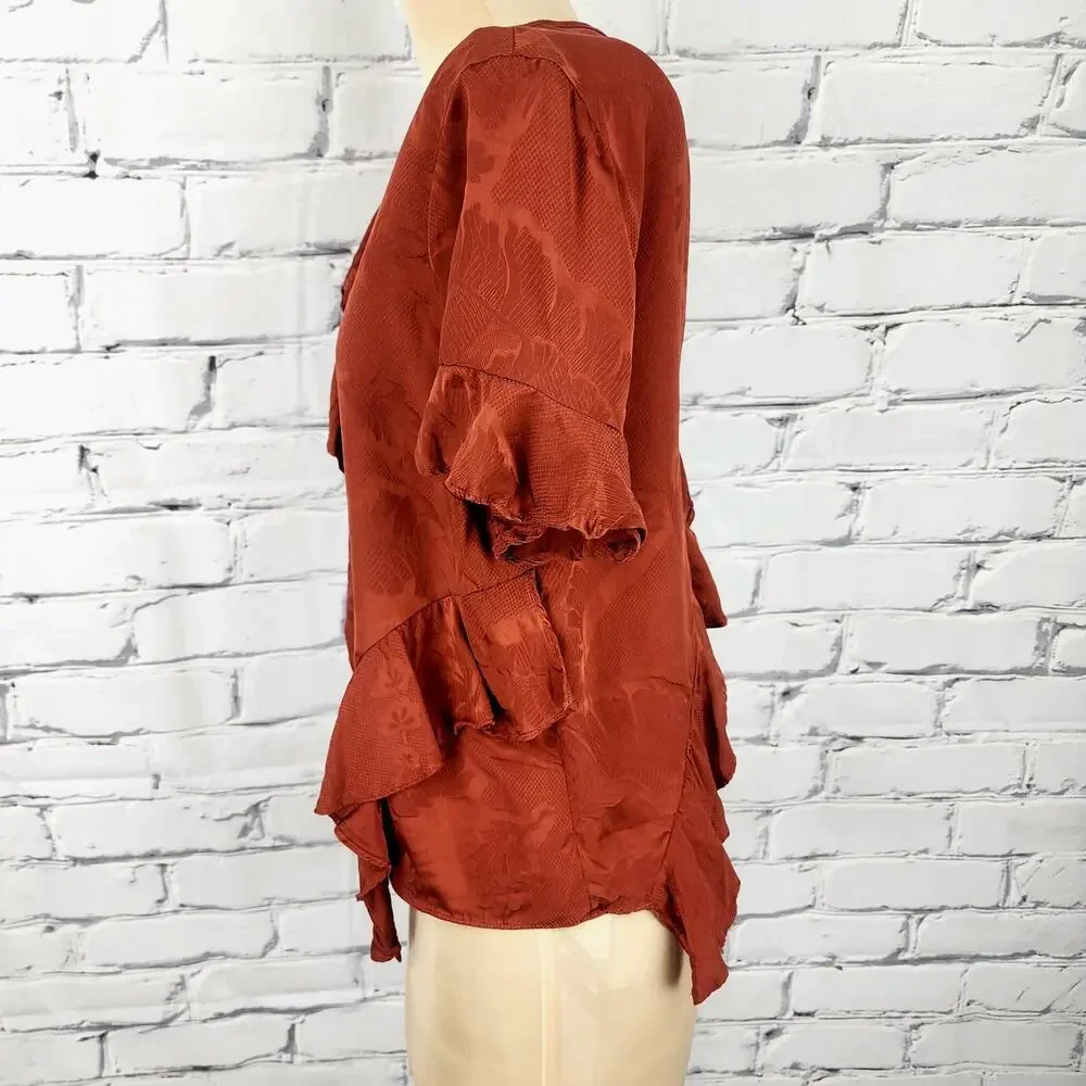 Cinq a Sept 100% Silk Ruffled Embossed Print Top with Button Closure Size Small - Picture 7 of 11